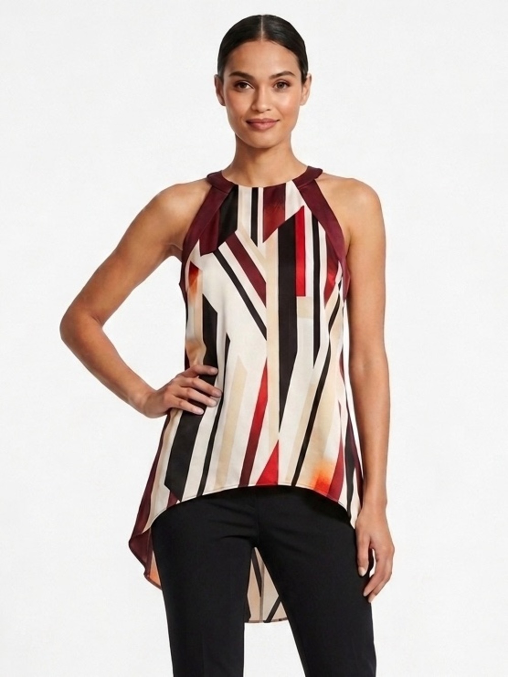WHBM Burgundy Ivory Geo Print Stretch Silk High Low Halter Tunic Top 4P EUC $85
